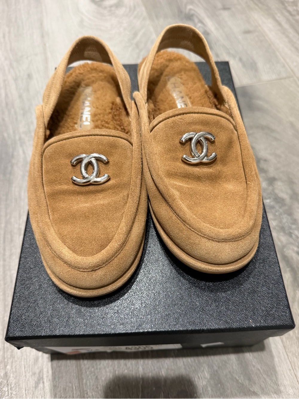 Chanel Camel Suede sling back Loafers with Silver CC Logo- 37.5
